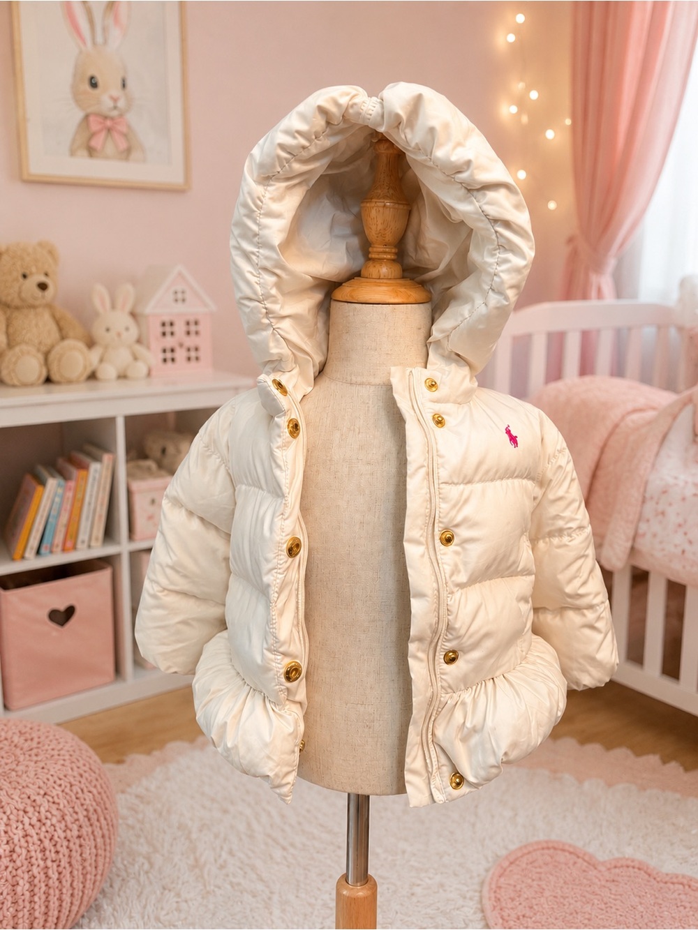Polo Ralph Lauren Baby Girl Puffer Coat | White Pink Pony | Size 9M Runs Large